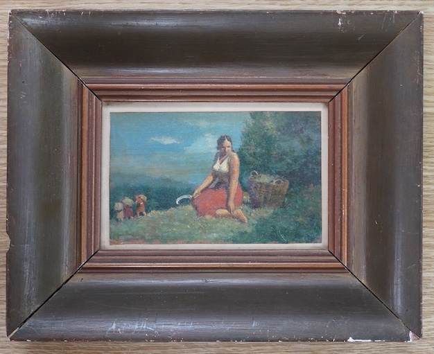 JTB (Hungarian, mid 20th century), oil on board, workers in a field, initialled JTB and dated 1943, 9cm x 14cm. Condition - good